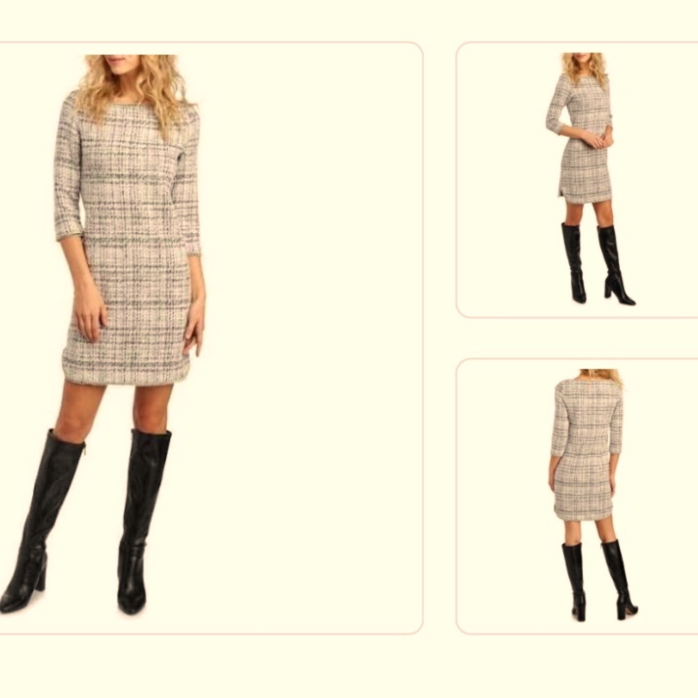 NEW Max Edition Ivory Black Tweed Jersey Shift Dress 3/4 Sleeve Tweed Dress